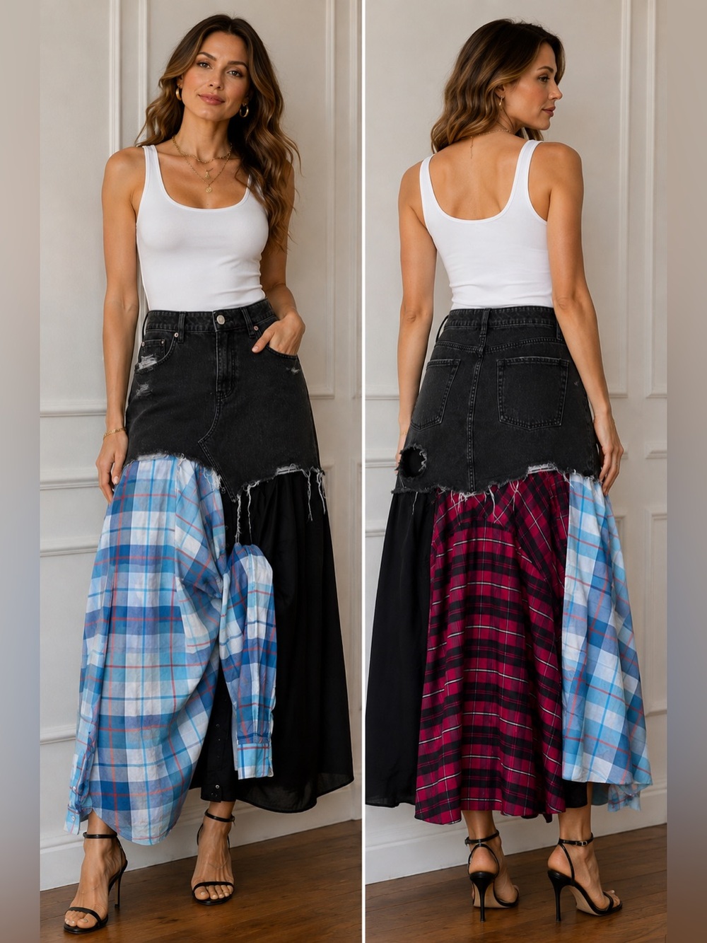 Upcycled denim with Plaid panels men’s shirts Maxi Skirt size M